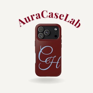 May include: A dark red smartphone case featuring the text AuraCaseLab in dark red above the device. The case displays a light blue cursive monogram of the letters CH in the center and includes a black camera module with three circular lenses.