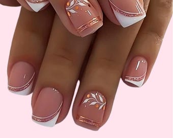 Rose Gold Glitter French Tip Nails | Short Square Press Ons (24pc)