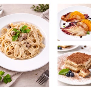 May include: Three plates of food: creamy mushroom pasta, a salad with orange segments, and tiramisu. The pasta is on a white plate, garnished with parsley. The tiramisu is dusted with cocoa and served with blueberries.