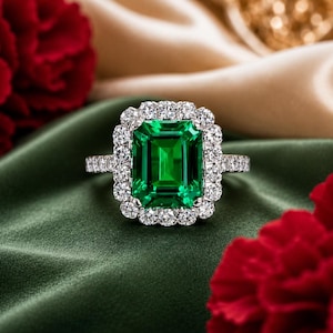 May include: A ring featuring a large, rectangular emerald-cut green gemstone at the center, surrounded by a halo of small, round, clear white diamonds. The band is made of a silver-toned metal and is also set with small, round, clear white diamonds.