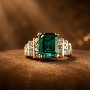 May include: A gold ring featuring a large, rectangular, emerald-cut green gemstone at the center. The band is flanked by two vertical rows of small, round, clear white diamonds set in gold, creating a stepped, geometric design on both sides.