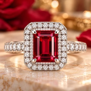 Puede incluir: Un anillo con una gran piedra preciosa roja de corte esmeralda rectangular en el centro, rodeada por un doble halo de pequeñas piedras blancas redondas y transparentes. La banda también tiene una hilera de piedras blancas incrustadas.