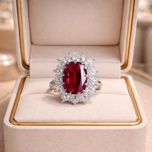 May include: A ring featuring a large, rectangular, deep red gemstone at the center, surrounded by a halo of numerous small, clear, round-cut stones. The ring is set in a polished silver-toned metal band and rests inside a beige jewelry box.