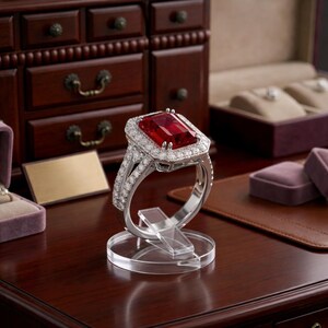 Puede incluir: Un anillo de tono plateado con una gran piedra preciosa rectangular de color rojo intenso en el centro, rodeada por un halo de pequeñas piedras claras y brillantes. La banda está dividida en dos secciones y también incrustada con piedras claras.