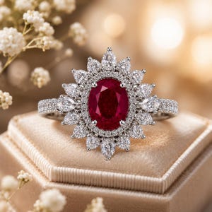 Puede incluir: Un anillo de tono plateado con una gran piedra preciosa de color rojo intenso de corte ovalado en el centro, rodeada por un doble halo de pequeñas piedras blancas redondas y un borde exterior de piedras blancas de corte de pera.