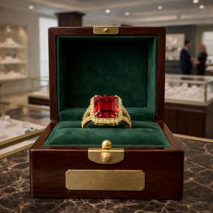 Pierścionek ślubny i zaręczynowy z naturalnym rubinem i szmaragdem o masie 2,90 ct, 14-karatowe żółte złoto, próba 8