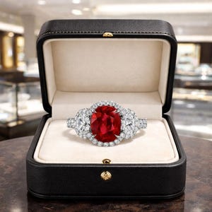 May include: A ring featuring a large oval-cut red ruby center stone surrounded by a halo of small round white diamonds, set in a silver-toned metal band, presented inside an open black rectangular jewelry box with a cream-colored interior.