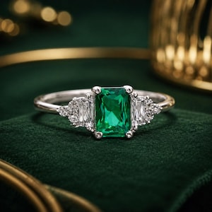 May include: A silver-toned ring featuring a central rectangular emerald-cut green gemstone flanked by two baguette-cut clear stones and small round accent stones on each side, set on a polished metal band with a classic three-stone design.