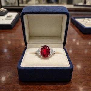 May include: A silver ring featuring a large, oval-cut, deep red gemstone at the center, flanked by two smaller, triangular-cut, clear white stones on each side, all set within a dark blue, velvet-lined, hinged jewelry display box.