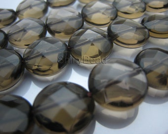 natural Smoky Quartz faceted coin 14mm 15 inch strand