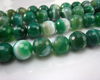 green  banded agate facted round bead 12mm 15 inch strand