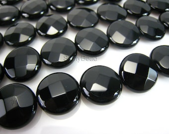 high quality black onyx faceted coin 16mm 15 inch strand