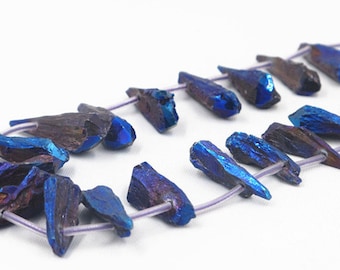 peacock blue raw crystal teardrops - natural raw crystal drop gemstones - coated crystal gemstone - teardrop necklace beads - 15inch