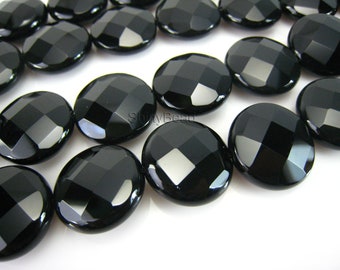 high quality black onyx faceted coin 20mm 15 inch strand