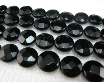 high quality Black Onyx faceted coin bead 10mm 15 inch strand