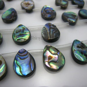 May include: A collection of teardrop-shaped abalone shell beads arranged in rows on clear stringing material. Each bead displays a unique iridescent surface with swirling patterns of blue, green, and purple hues. The text ShinyBead is visible.