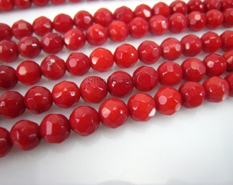 red coral faceted round 6mm 15 inch strand