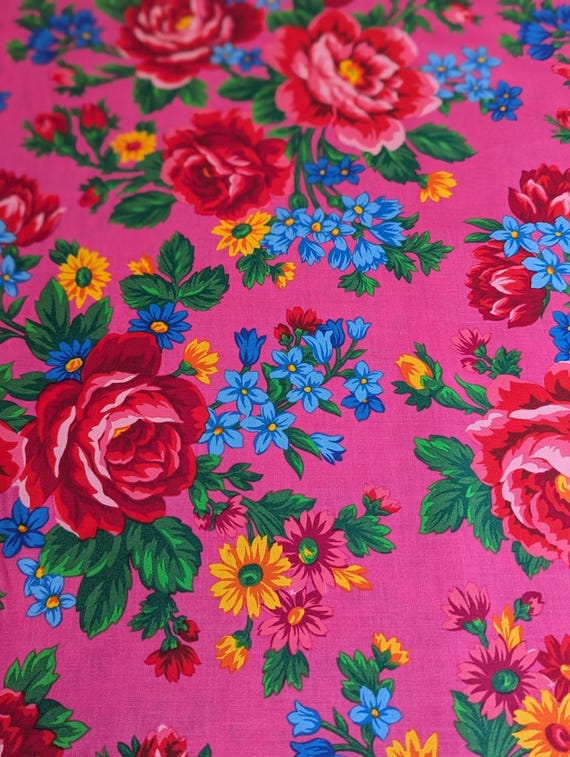 Native Floral Cotton Fabric: Hot Pink Kokum Scarf Print by Elizabeth  Sold by the yard at Fabric With A Twist by Alina Fay