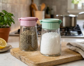 May include: Two clear glass spice jars with ribbed lids. The left jar has a light pink lid and is filled with dark peppercorns. The right jar has a light green lid and is filled with white coarse salt. Both jars feature a hinged locking mechanism.