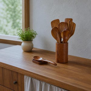 May include: A set of brown wooden kitchen utensils including a slotted turner, a skimmer, a solid turner, and a spoon, all stored in a cylindrical wooden holder. A single wooden spoon rests on a small rectangular wooden spoon rest nearby.