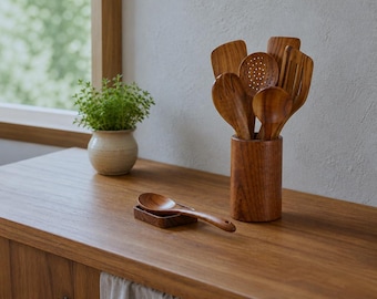 May include: A set of brown wooden kitchen utensils including a slotted turner, a skimmer, a solid turner, and a spoon, all stored in a cylindrical wooden holder. A single wooden spoon rests on a small rectangular wooden spoon rest nearby.