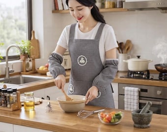 May include: A gray and white checkered apron with matching arm sleeves, featuring two circular white embroidered patches on the front. The apron has wide shoulder straps and is worn over a plain white short-sleeved shirt.