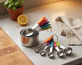 May include: A set of stainless steel measuring cups and spoons with colorful handles. The cups are nested together, and the spoons are on a ring. A lemon, a potted herb, and a linen towel are also in the image.