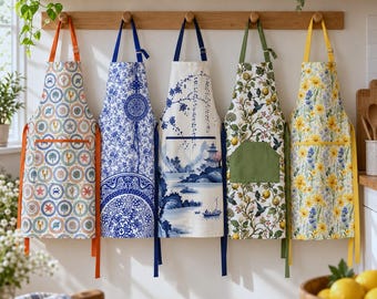 May include: Five kitchen aprons hanging on a wooden rack. The first has orange straps and a circular pattern, the second is blue and white with intricate designs, the third features a blue landscape, the fourth has green accents and botanical prints, and the fifth has yellow straps and a sunflower pattern.