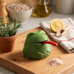 May include: A green frog-shaped salt cellar with a red tongue-shaped spoon. The frog is on a wooden cutting board with a small terracotta pot of herbs, a lemon, and a pile of pink salt.