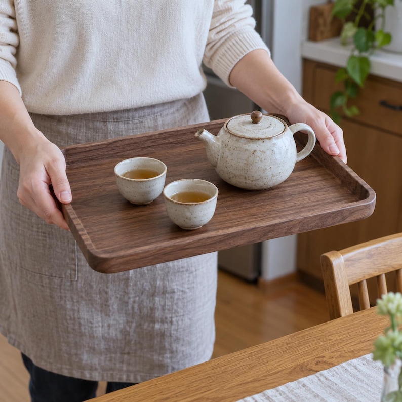 Solid Walnut Serving Tray, Rectangular Coffee and Tea Tray, Two Sizes image 6