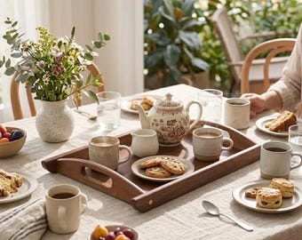 May include: A wooden serving tray holds a floral patterned teapot, a small creamer, and a plate of cookies. Surrounding the tray on a linen tablecloth are several ceramic mugs, plates with baked goods, a bowl of fruit, and a vase of flowers.
