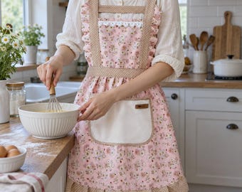 May include: A pink floral apron featuring a white front pocket, brown polka-dot trim, and a white lace accent along the chest. The apron has wide shoulder straps and a ruffled hem, worn over a cream-colored blouse with long sleeves.