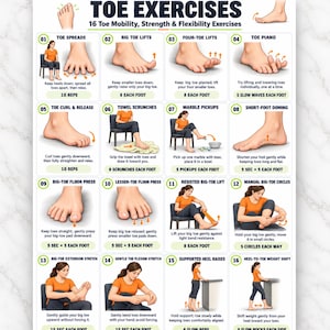 May include: A digital download chart titled Toe Exercises featuring 16 illustrations of foot mobility, strength, and flexibility movements. Each numbered section includes a visual guide and instructions for exercises like toe spreads, lifts, and curls.