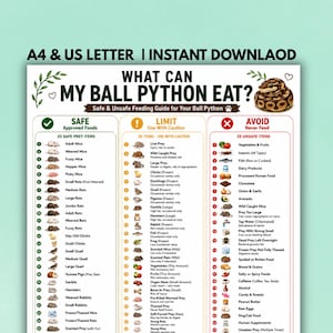 Può includere: Una guida alimentare digitale intitolata WHAT CAN MY BALL PYTHON EAT? con tre colonne denominate SAFE, LIMIT e AVOID. La tabella elenca varie prede con icone e testo corrispondenti, incluso A4 & US LETTER | INSTANT DOWNLAOD.