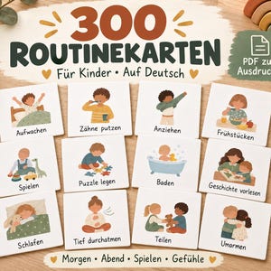 Peut inclure: Un ensemble de 300 cartes de routine pour enfants en allemand, présenté sous forme de PDF imprimable. Les cartes présentent des illustrations d'activités quotidiennes telles que se réveiller, se brosser les dents, s'habiller, manger et jouer.
