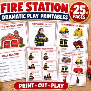 May include: A set of 25 printable pages for a fire station dramatic play set. The pages feature illustrations of a fire station, a firefighter, gear like helmets, coats, boots, and gloves, plus role badges, equipment labels, and a call record form.