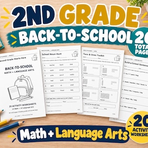 May include: A set of 26 printable 2nd grade back-to-school activity worksheets featuring maths and language arts exercises. The pages include a cover sheet, a school noun hunt, a tens and ones toolkit, and a build a school sentence worksheet.