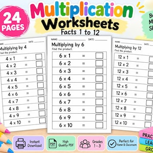 Könnte beinhalten: Ein Set aus 24 Multiplikationsarbeitsblättern mit Aufgaben von 1 bis 12, das drei Beispielseiten mit den Titeln Multiplying by 4, 6 und 12 zeigt. Jede Seite enthält Felder für Name und Datum, Rechenaufgaben mit leeren Kästchen und bunte Überschriften.