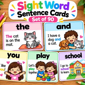 Puede incluir: Un conjunto de 90 tarjetas de oraciones con palabras visuales que incluyen ilustraciones coloridas y texto. Cada tarjeta muestra una palabra en la parte superior, seguida de una oración simple y una imagen de dibujos animados como the, and, you, play, school.