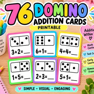 Puede incluir: Un conjunto de 76 tarjetas de suma de dominó imprimibles con ilustraciones de dominó en blanco y negro y sus correspondientes ecuaciones matemáticas. Las tarjetas tienen bordes coloridos e incluyen texto como Addition Within 12.