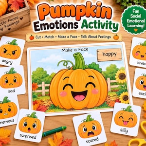 Może przedstawiać: Zestaw Pumpkin Emotions Activity zawierający dużą planszę centralną z ilustracją dyni i napisem Make a Face, otoczoną mniejszymi kartami przedstawiającymi dynie o różnych wyrazach twarzy, podpisanych jako angry, sad, nervous, surprised, loved, excited, silly oraz scared.