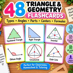Op de afbeelding: Een set van 48 Triangle & Geometry flitskaarten met diagrammen van een gelijkzijdige driehoek, rechthoekige driehoek, incenter, stompe hoek, omgeschreven cirkel en Euler-lijn, inclusief tekstlabels en gekleurde stiften.
