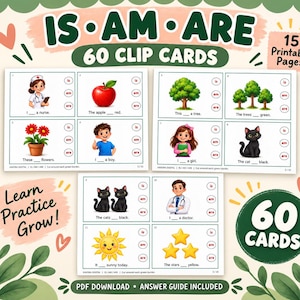 Puede incluir: Un conjunto de 60 tarjetas imprimibles tituladas IS AM ARE con ejercicios educativos. Cada tarjeta muestra una ilustración colorida de una enfermera, manzana, árbol, flores, niño, niña, gato, médico, sol o estrellas con frases para completar.