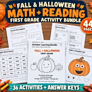 May include: A 44-page Fall and Halloween math and reading activity bundle for first grade. The set includes worksheets for counting apples, tens and ones, sight-word searches, and a pumpkin pal craft, featuring 36 student pages and 6 answer keys.