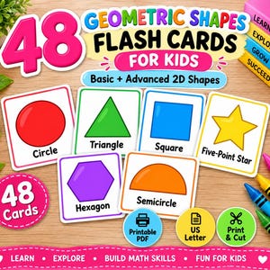 Puede incluir: Un juego de 48 tarjetas didácticas de formas geométricas para niños con figuras 2D básicas y avanzadas. Las tarjetas muestran ilustraciones coloridas de un círculo rojo, triángulo verde, cuadrado azul, estrella amarilla, hexágono morado y semicírculo naranja.