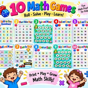 Könnte beinhalten: Ein buntes Lernposter mit dem Titel 10 Math Games, das zehn verschiedene Spielbretter mit Zahlen, Würfelillustrationen und Matheaufgaben zeigt. Das Design enthält einen jubelnden Jungen und ein Mädchen sowie den Text Roll, Solve, Play, Learn und Print, Play, Grow Math Skills.