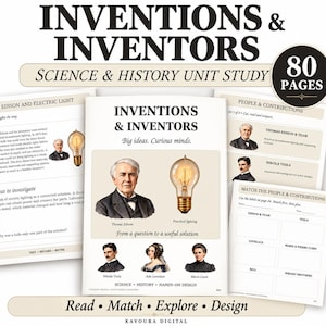 May include: An 80-page educational unit study titled Inventions & Inventors featuring historical figures like Thomas Edison, Nikola Tesla, Ada Lovelace, and Marie Curie. The pages include text, light bulb illustrations, and matching activities.