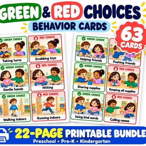 Può includere: Un pacchetto stampabile di 22 pagine con 63 carte comportamentali Green & Red Choices. Ogni carta presenta un'illustrazione a cartoni animati di bambini che compiono scelte verdi positive o rosse negative, con etichette come Taking turns e Hitting.