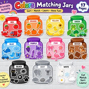 Op de afbeelding: Een printbaar activiteitenblad getiteld Colors Matching Jars met elf gekleurde potten voorzien van kleurnamen. Elke pot bevat diverse illustraties die bij de specifieke kleur passen, waaronder fruit, dieren en objecten op een witte bakstenen achtergrond.