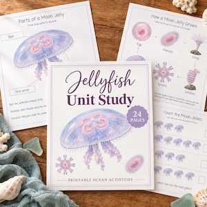 Puede incluir: Un cuadernillo educativo Jellyfish Unit Study de 24 páginas con actividades oceánicas imprimibles. La portada presenta una ilustración en acuarela de una medusa luna, con páginas adicionales que muestran el ciclo de vida y anatomía.